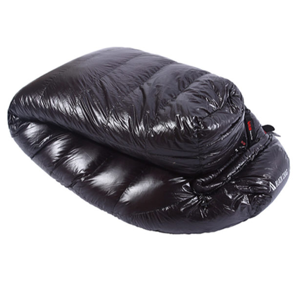 Black Crag goose down sleeping bag 10D nylon black folded